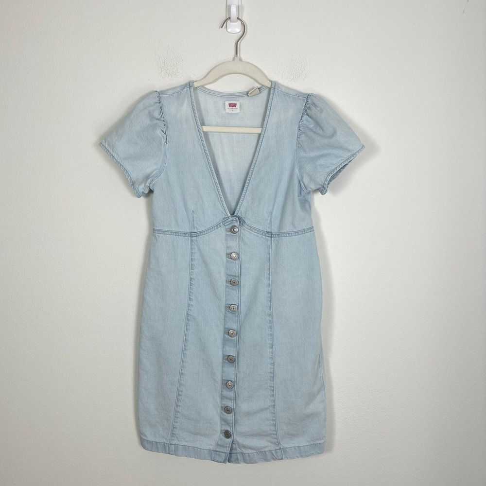 Levi's Denim Puff Sleeve Baby Doll Button Front Mini Dress Women's S 90s Retro